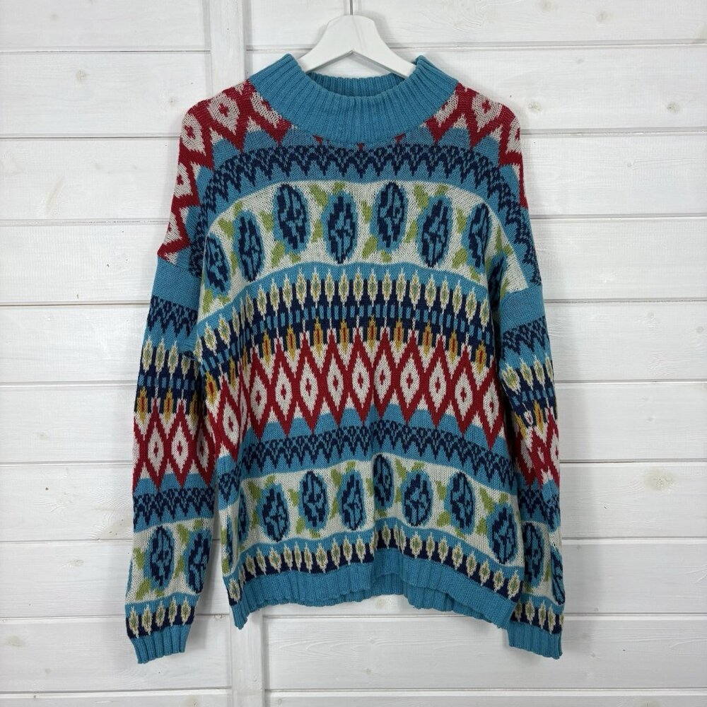 BENETTON Jumper Mens Size Medium Blue Red Wool Blend Fairisle